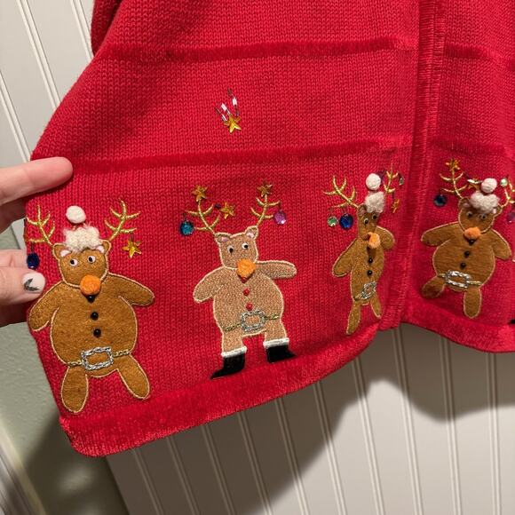 Quacker Factory Red Reindeer Christmas Cardigan Sweater Plus Size 1X - Picture 2 of 6